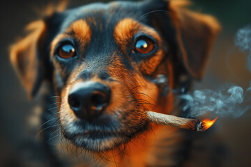 dog smokes joint marijuana cigarette with cannabis outside