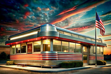 A quintessential American diner at sunset with U.S. flag raised on flagpole
