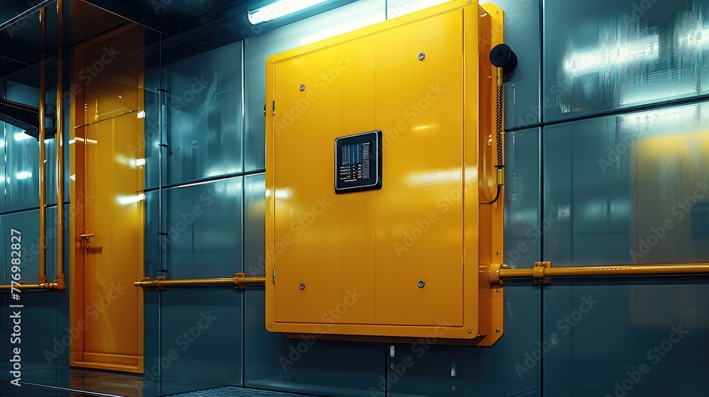 Poster a shiny closed modern high-tech yellow switch cabinet mounted to a wall. generative ai.