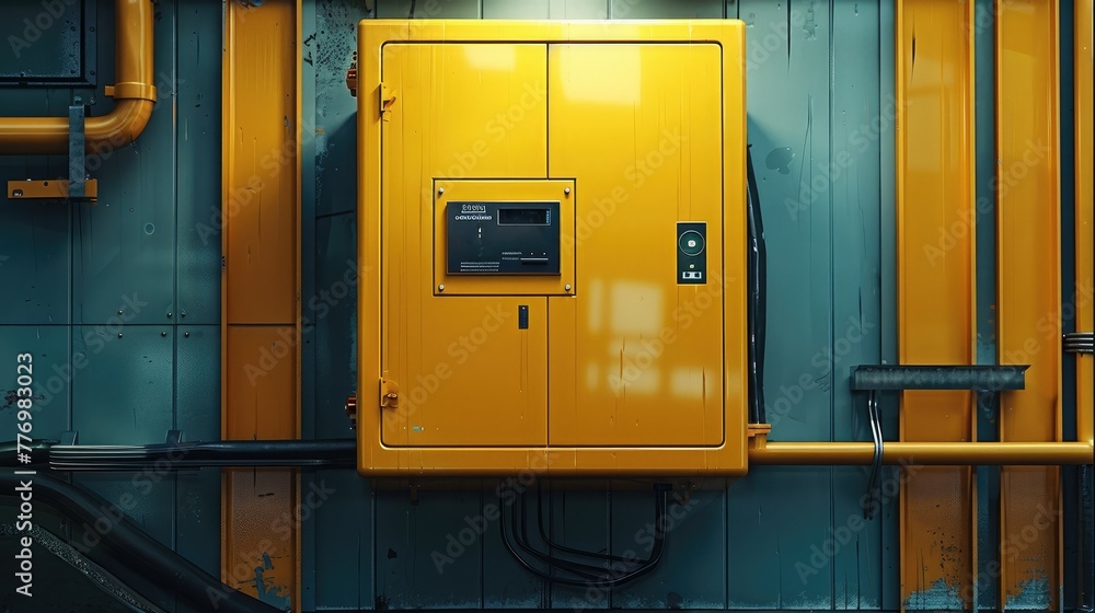 Poster a shiny closed modern high-tech yellow switch cabinet mounted to a wall. generative ai.