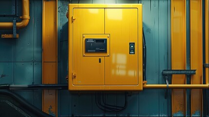 A shiny closed modern high-tech yellow switch cabinet mounted to a wall. Generative AI.