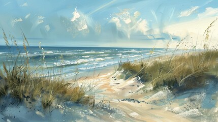Seaside Dunes and Grasses on a Sunny Day Painting