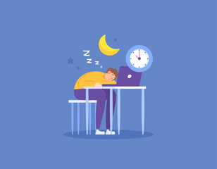 illustration of an employee working until he falls asleep. workers who fall asleep at their desks because they work until midnight. working excessively or overtime. illustration concept design