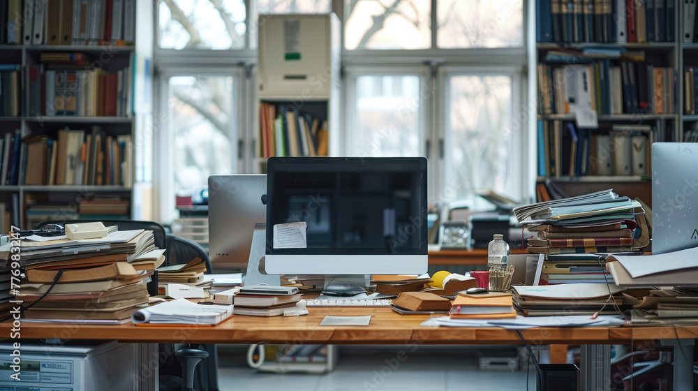 Leinwandbilder an empty office desk, a computer and a few scattered books. generative ai.