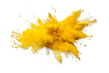 Yellow color powder explosion splash with freeze isolated on background, abstract splatter of colored dust powder.
