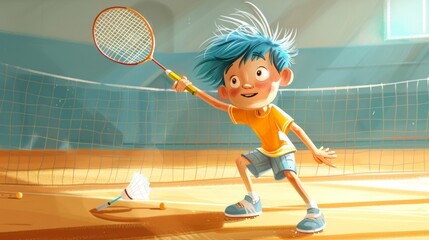 A Boy with racket in his hand playing badminton on the court, Kid sport player. Children book illustration