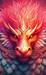 Dragon's face is beautiful with flower petals and feathers made from leaves, AI generated