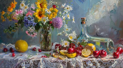 Still Life with Wildflowers and Fruit Oil Painting - obrazy, fototapety, plakaty