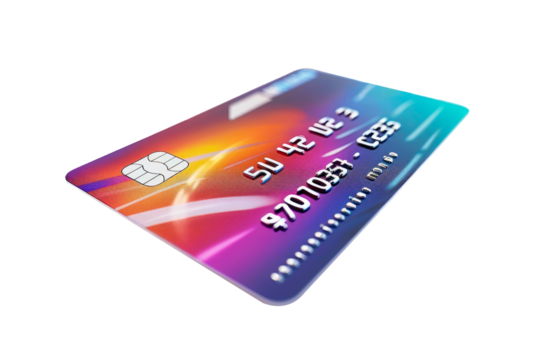 Colorful credit card with chip isolated on a cut out PNG transparent background