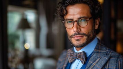 Portrait of a stylish man with glasses wearing a checkered suit and bow tie, looking thoughtfully out of a window in a well-lit room.