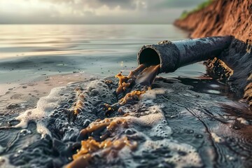 Polluted water flowing from a pipe into a lake