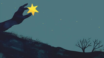 An artistic illustration of a human hand stretching upwards towards a glowing star in a dark sky, symbolizing dreams, ambition, and the pursuit of goals beyond reach.