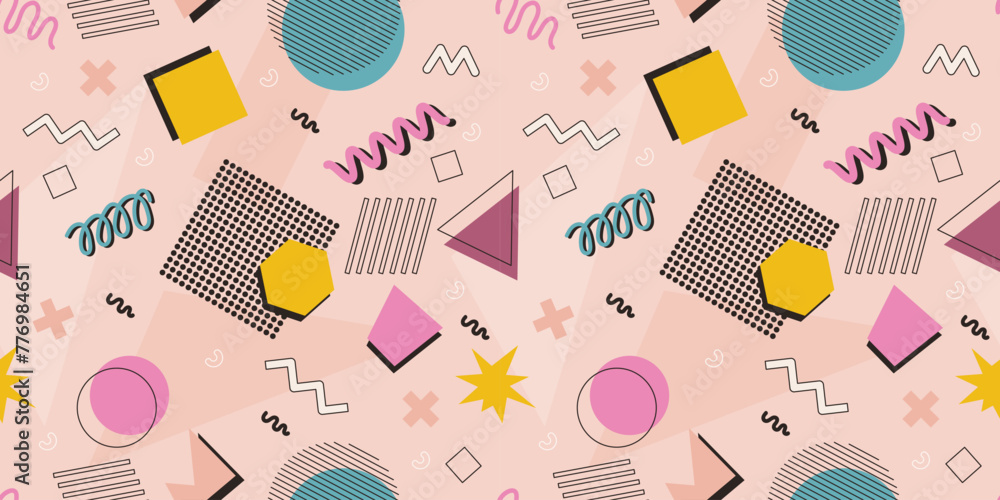 Wall mural abstract seamless pattern 80s 90s with geometric shapes in the memphis style. vector retro hipster p