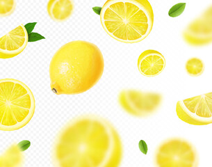 Lemon falling background. Citrus fruit with green leaf on transparent background. Lemon blurred flying. Realistic 3d vector illustration .