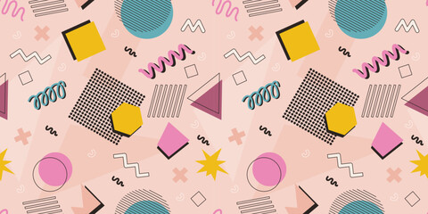 Abstract seamless pattern 80s 90s with geometric shapes in the Memphis style. Vector retro hipster print, modern background
