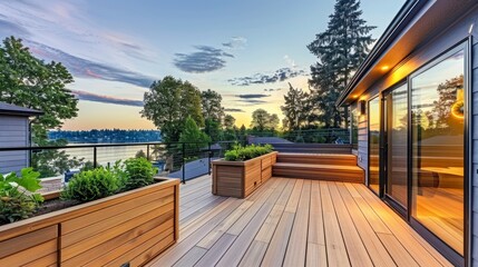 A Chic Master Deck Enhanced with a Cedar Bench and Planter Boxes, Perfect for Soaking in the Lakeside Ambiance - obrazy, fototapety, plakaty