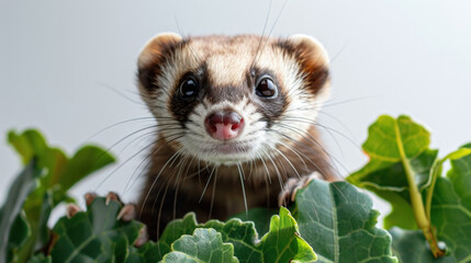 A playful ferret sticking its tongue out while exploring a green plant in its environment - obrazy, fototapety, plakaty