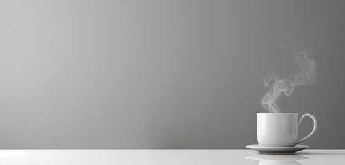 White mug with steam on a simple grey background.