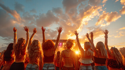 Energetic group of friends, hands in the air, lost in the melody of their favorite band on a warm evening. - obrazy, fototapety, plakaty