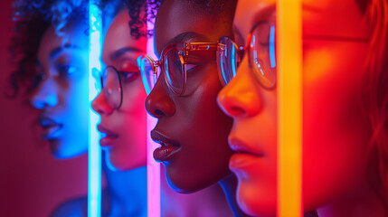 Cropped portraits of group of people on multicolored background in neon light. - obrazy, fototapety, plakaty