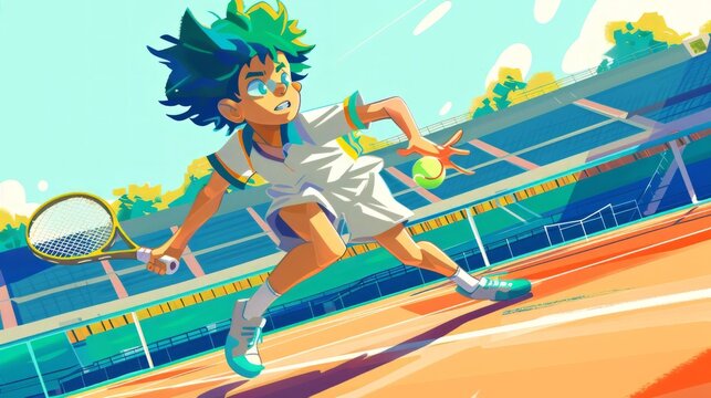 A Boy with racket in his hand playing tennis on the court, Kid sport player. Children book illustration