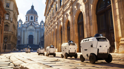 A fleet of small, white robotic vehicles navigates a historic cobblestone street lined with classical architecture - obrazy, fototapety, plakaty