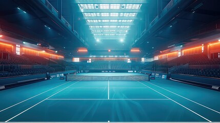 Fototapeta na wymiar Indoor tennis court inside a large open stadium. Generative AI.
