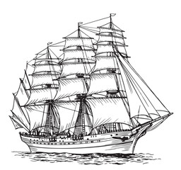 Pirate ship sailboat retro sketch hand drawn engraving style Vector illustration - obrazy, fototapety, plakaty