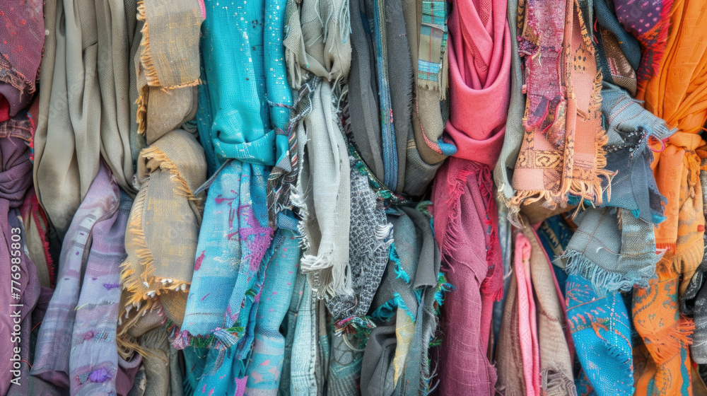 Poster assorted scarves displayed neatly on a wall, creating a vibrant and organized visual aesthetic