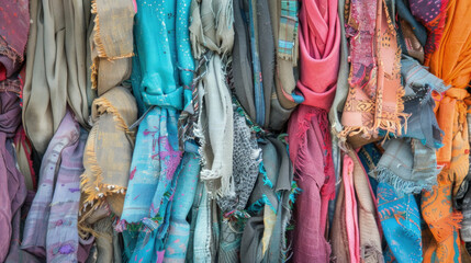 Assorted scarves displayed neatly on a wall, creating a vibrant and organized visual aesthetic