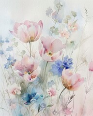 watercolor floral romantic  background style, bouquet group of spring flowers, delicate palette and shapes, pale pink tones