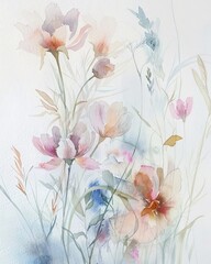 watercolor floral romantic  background style, bouquet group of spring flowers, delicate palette and shapes, pale pink tones