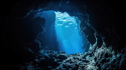 Sunlight filters into an underwater cave, illuminating the rocky walls and sandy floor - obrazy, fototapety, plakaty