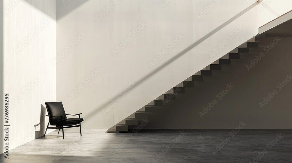 Poster a chair is positioned in front of a staircase in a simple room setting