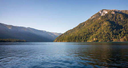 View of the Serene Lake Crescent at Olympic National Park in Clallam County, Washington