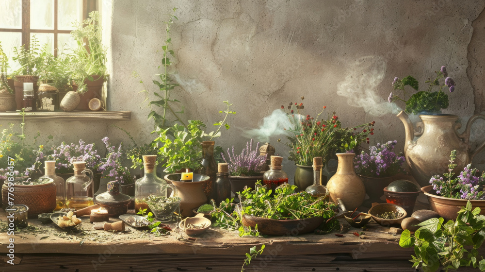 Aufkleber a wooden table overflowing with various potted plants of different sizes and types, creating a lush 