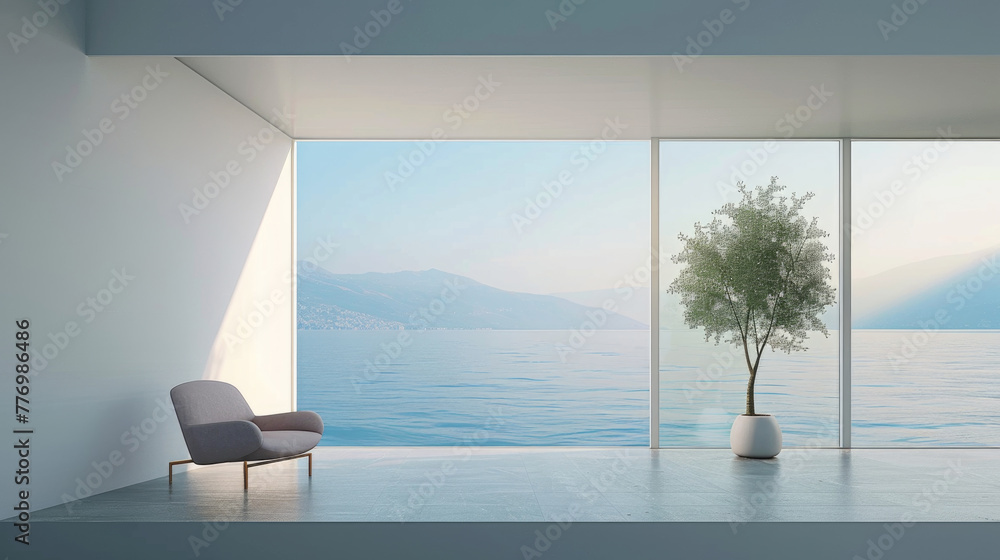 Poster a simple room with only a chair and a tree placed by the window