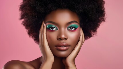Striking Portrait of a Woman with Vibrant Makeup and Afro Hairstyle. Perfect for Beauty and Fashion Concepts. Captivating and Bold. AI
