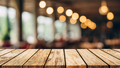 Empty wooden table with bokeh light effect and blur restaurant background, for your photo montage or product display, Space for placing items on the table, product and food display.
