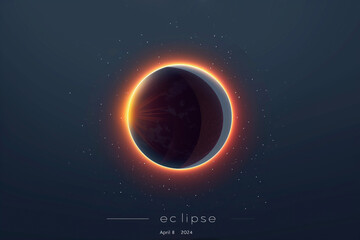 Total Solar Eclipse April 8 2024, banner template with information text. Modern simple flat vector illustration on dark blue background. Horizontal poster, card, typography design - 776986870