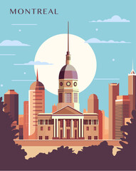 Obraz premium Montreal retro city poster with abstract shapes of skyline, buildings. Vintage Canada, Quebec province metropolitan travel vector illustration