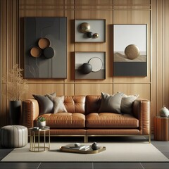 a  3D rendering of an interior living room . stylish and modern living room setting with a leather sofa against a wooden accent wall. the space is enhanced with complementary decor items 