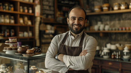 The Middle Eastern owner of the small tea business smiled and crossed his arms - obrazy, fototapety, plakaty