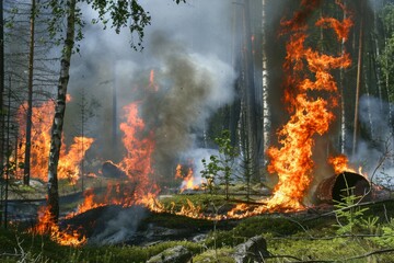 Forest ablaze with thick smoke and visible flames