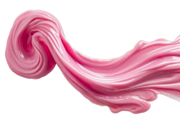 Selbstklebende Fototapeten Strawberry milk swirl splash with little bubbles isolated on  background, pink water liquid wave, yogurt milk shake spatter, cosmetic face cream or lotion. © TANATPON