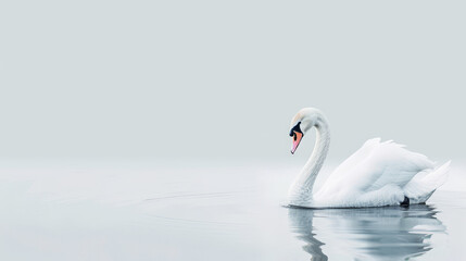 Swan reflected in the still water, surrounded by a peaceful, wintry scene. - obrazy, fototapety, plakaty