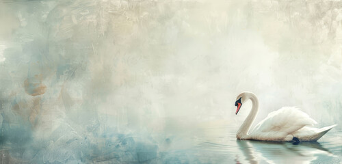 Serene swan on calm water with a textured artistic background. - obrazy, fototapety, plakaty