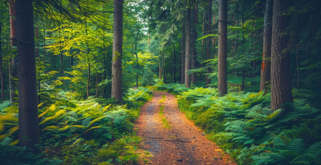 A pathway meanders through a dense green forest, surrounded by towering trees and vibrant foliage