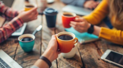 Close-up of hands holding coffee cups during a casual team meeting, with laptops and notebooks on the table. - Powered by Adobe