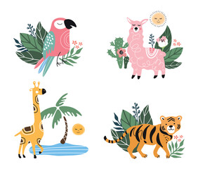 Fototapeta premium Cute cartoon alpaca,tree, giraffe, parrot, tiger.
